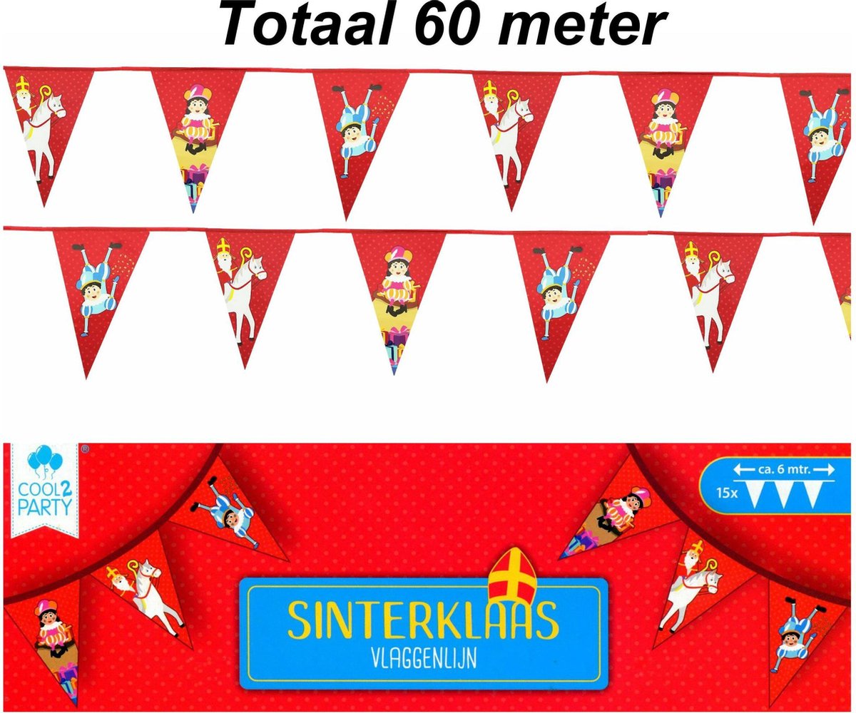Vlaggenlijn Sinterklaas - Sint & Piet - 60 meter – 10 Stuks