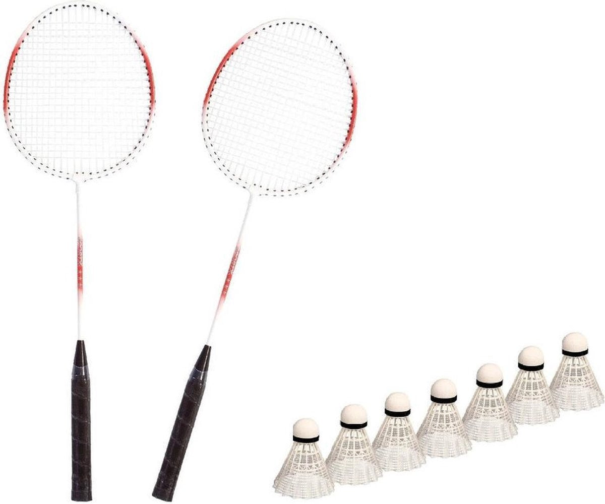 Badminton rackets set rood/wit met 7x shuttles en opbergtas - 3 sterren kwaliteit