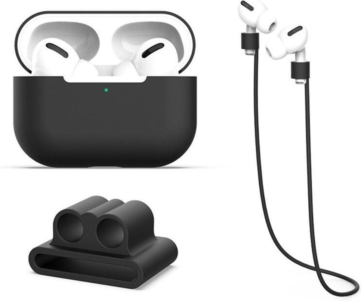 3-in-1 Accessory Bescherming Set Voor Apple Airpods Pro - Siliconen Bescherm Hoesje Case Cover Anti Lost Strap - Zwart