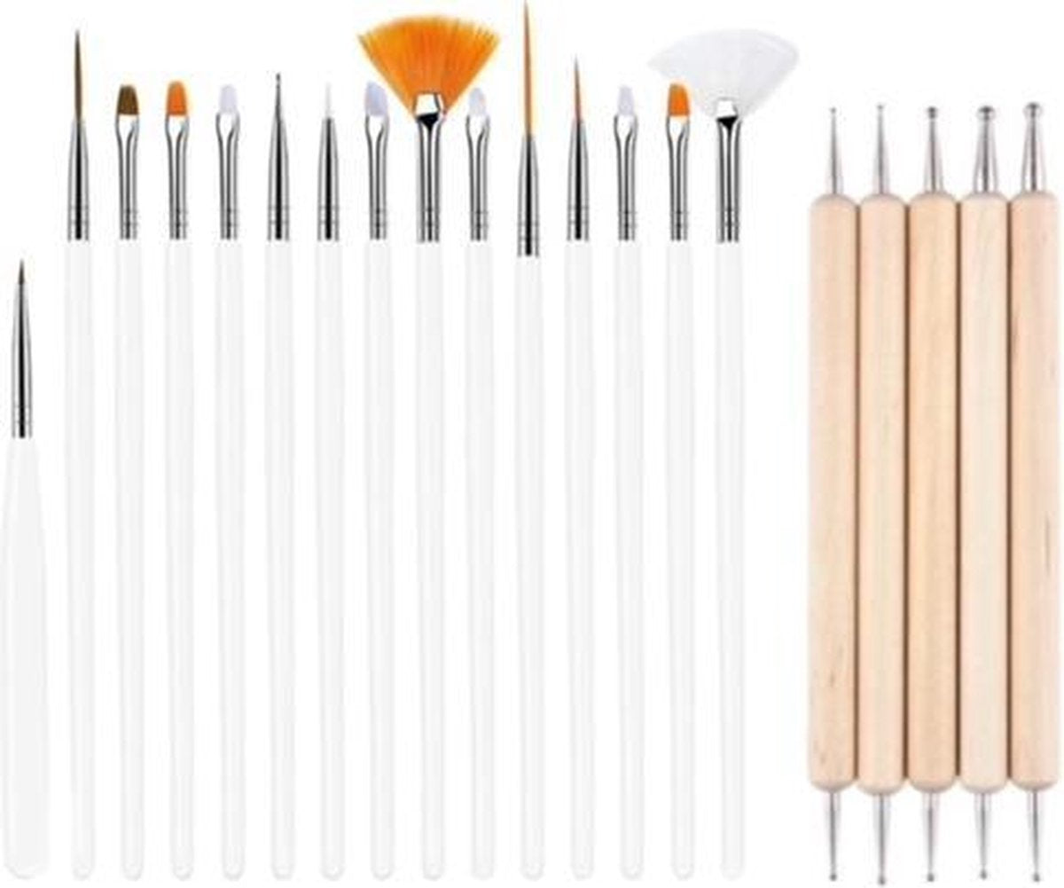 GUAPÀ - Nail Art Set Penselen Wit met Houten Dotting Tools - High Quality