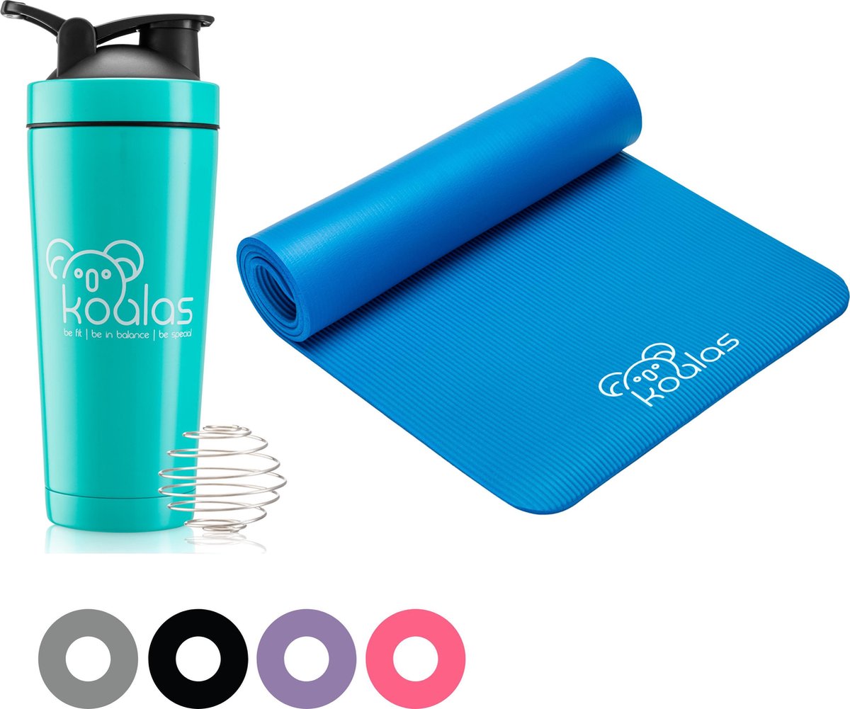 Koalas ® Blauw Yogamat Set - Shakebeker - Thermobeker- Fitness Mat - Anti Slip Yoga Mat - Extra Dik 1cm - Draagtas