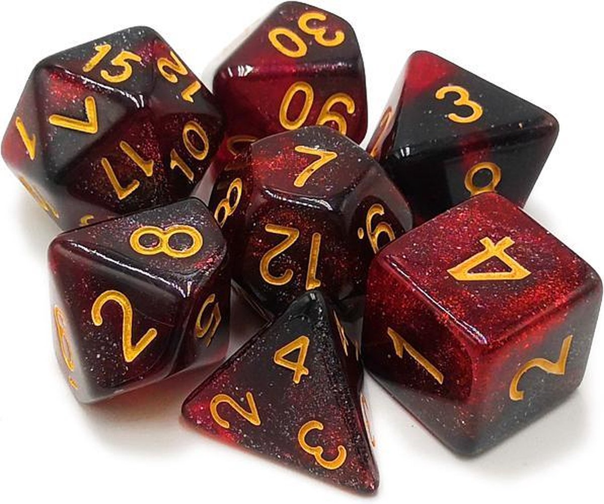 Polydice set - Polyhedral dobbelstenen set 8 delig | Set van 7 in velours bewaarzakje / bag / pouch| dungeons and dragons dnd dice | D&D Pathfinder RPG | Rood zwart galaxy / nebula