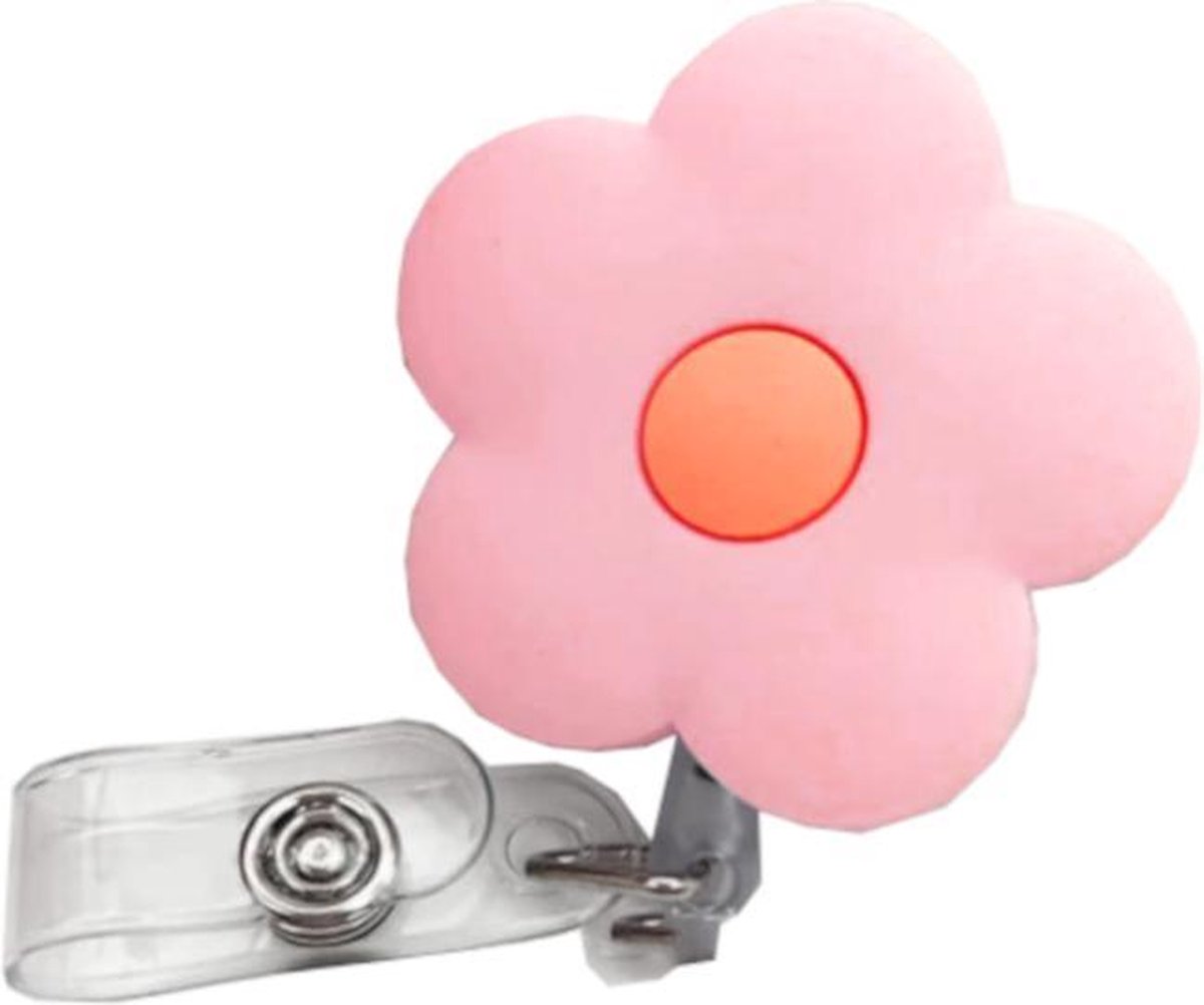 Badgehouder met trekkoord 60 cm - clip - afrolmechanisme - bloem - roze