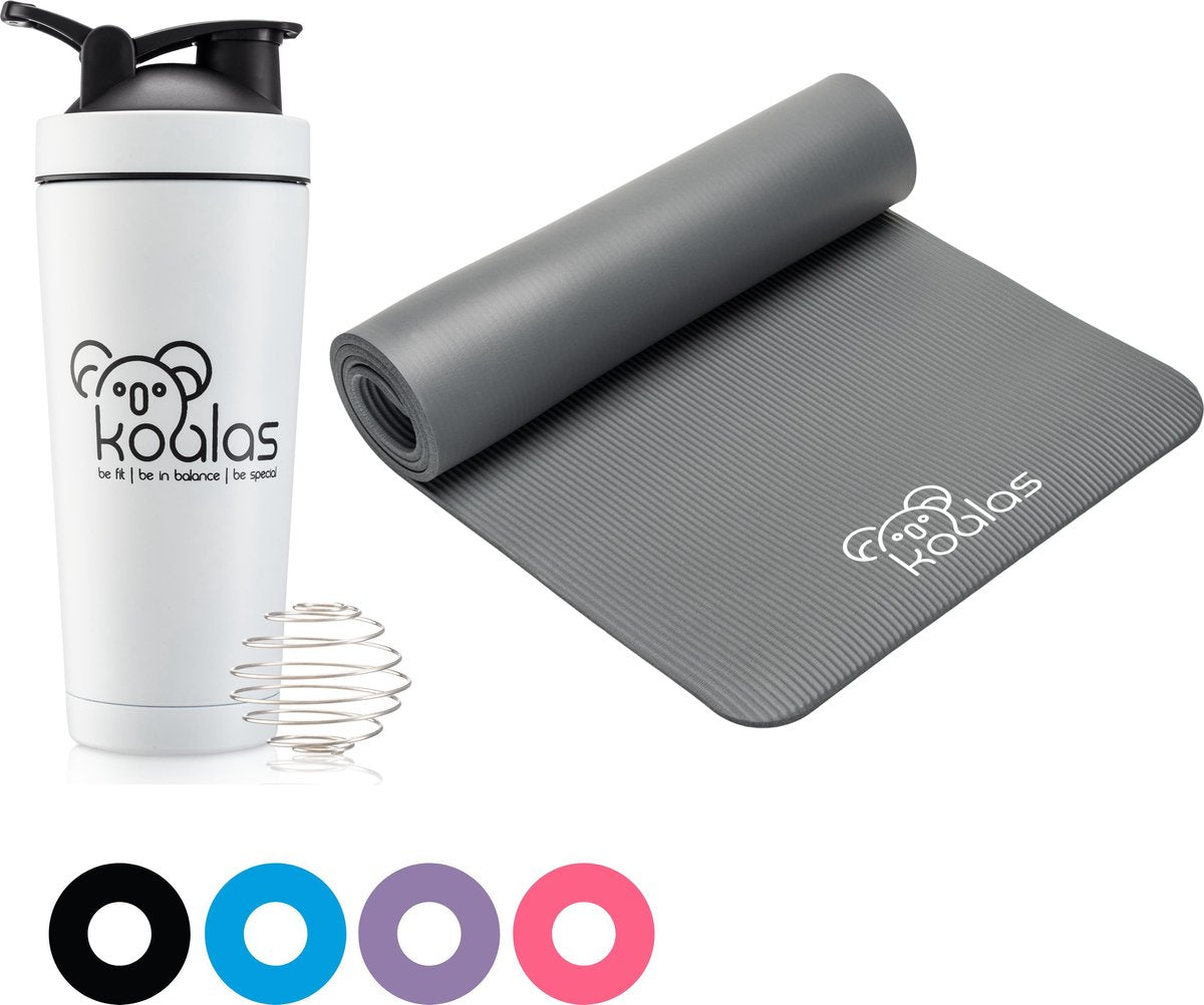 Koalas ® Grijs Yogamat Set  - Shakebeker - Thermobeker- Fitness Mat - Anti Slip Yoga Mat - Extra Dik 1cm - Draagtas