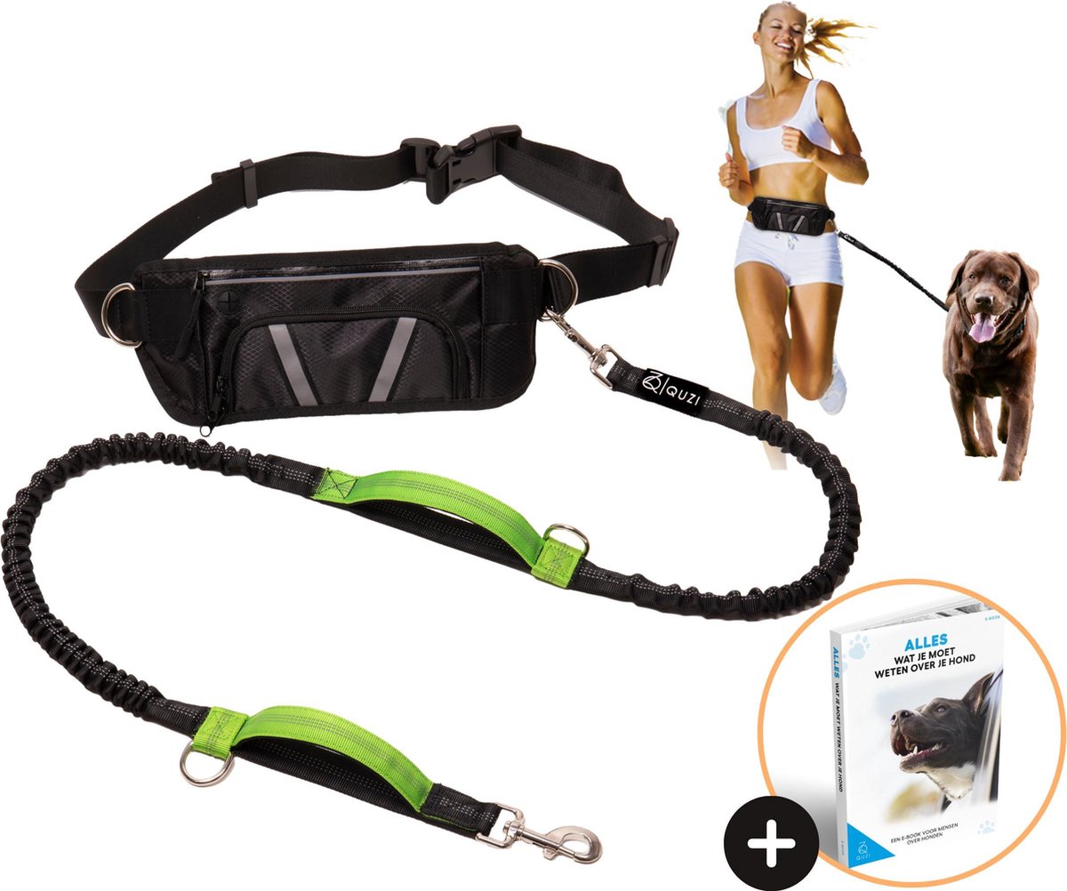 Elastische Handsfree Looplijn met Heupriem - Hondenriem Grote Hond - 150 cm - Zwart - Quzi®