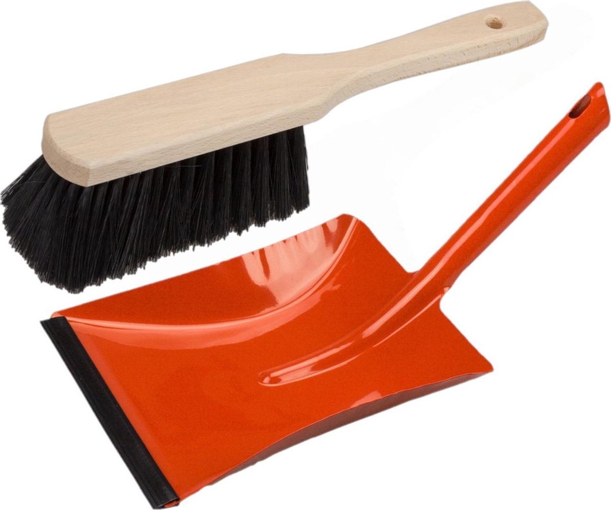 Stoffer en blik rood van metaal/hout met lip voor binnen - Zachte borstel/handveger