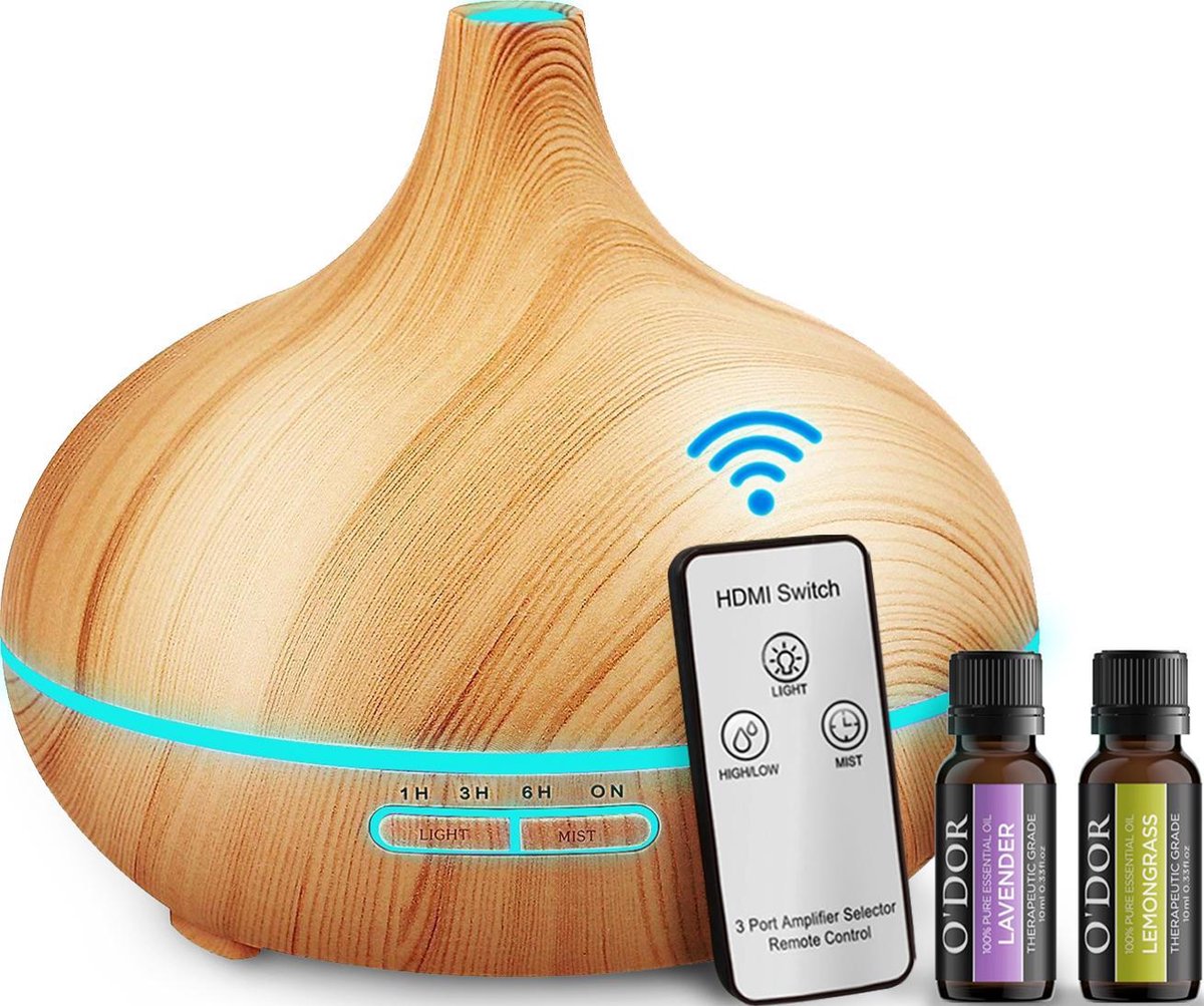 O'dor® Aroma Diffuser - Afstandsbediening - met Extra Lavendel + Lemongrass Etherische Olie -  Hout Look