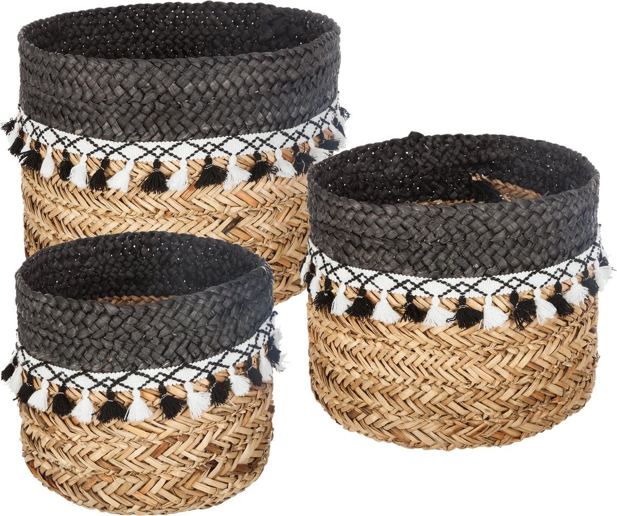 Atmosphera Mandenset zeegras 3 stuks - opberger - met pompoms - Grote mandenset - grijs/naturel/wit