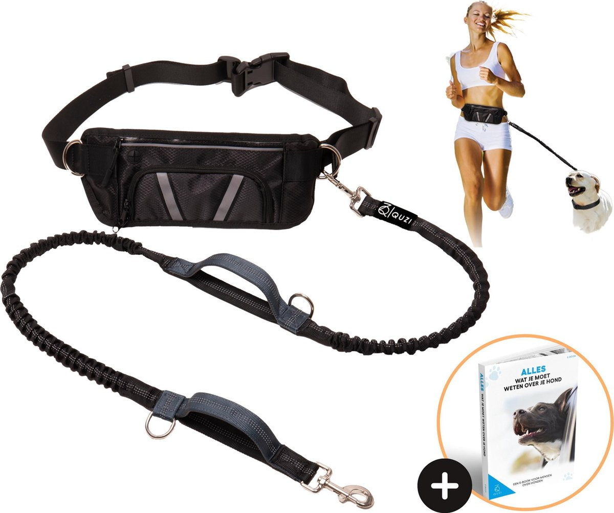 Elastische Handsfree Looplijn met Heupriem - Hondenriem Grote Hond - 150 cm - Zwart - Quzi®