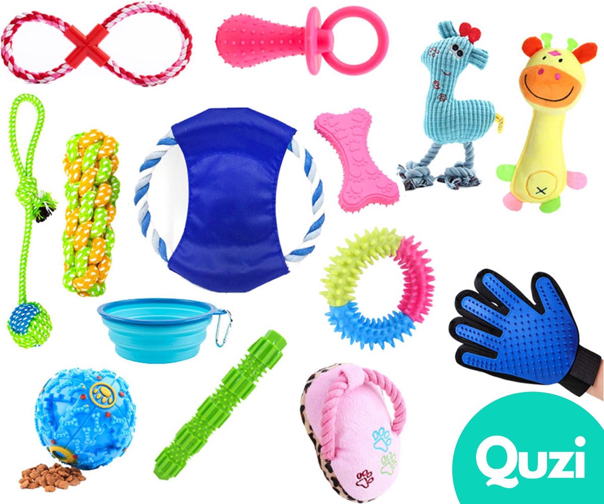 Honden Speelgoed Hondenspeeltjes Puppy Speeltjes Knuffel Dieren Hond-Huisdieren- Hondje - Hondenspeelgoed Set 14 Delig - Quzi®