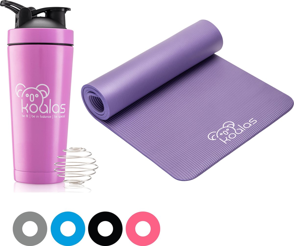 Koalas ® Paars Yogamat Set - Shakebeker - Thermobeker- Fitness Mat - Anti Slip Yoga Mat - Extra Dik 1cm - Draagtas
