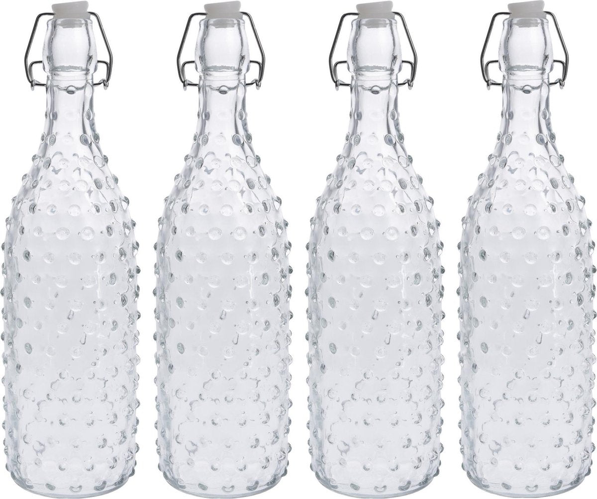 4x Glazen flessen transparant stippen met beugeldop 1000 ml - Keukenbenodigdheden - Woondecoratie - Tafel dekken - Koude dranken serveren/bewaren - Olie/azijn flessen - Decoratie flessen