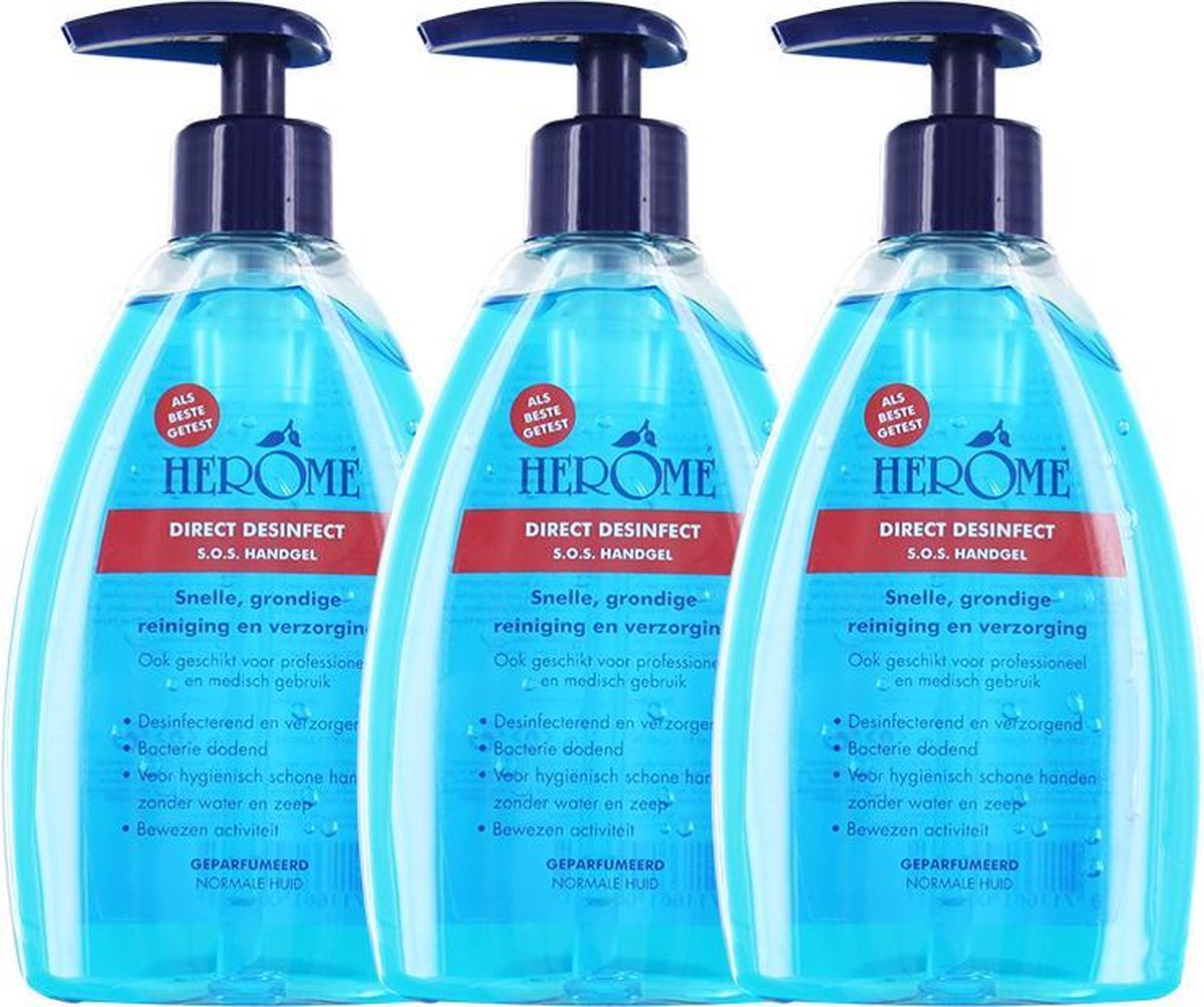Herome Direct Desinfect Met Pomp -3x200ml- Desinfecterende Handgel met 80% Alcohol - Beschermt Tegen Bacteriën en Droogt de Handen Niet Uit