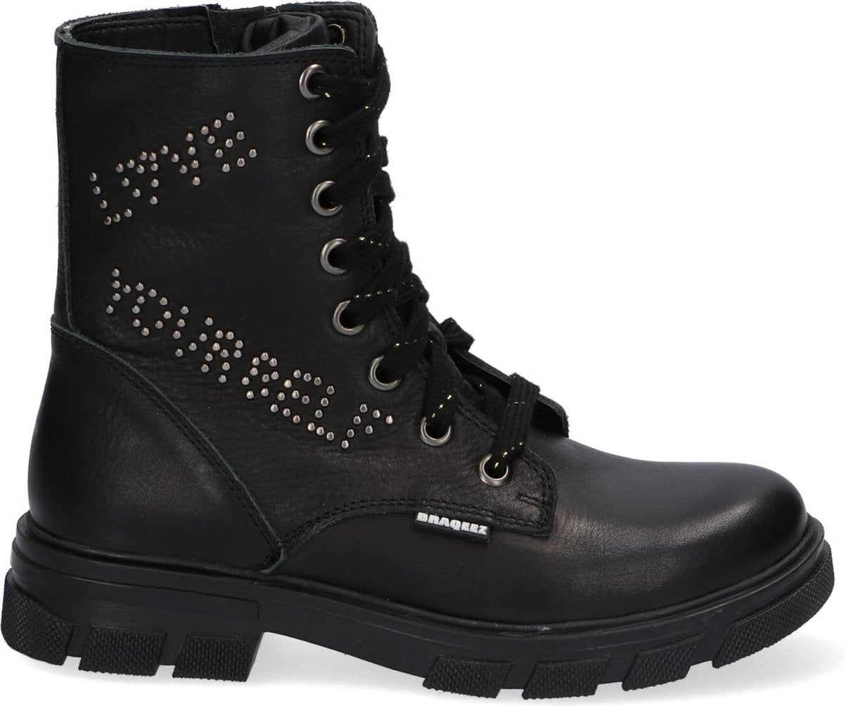 Braqeez 421715-589 Meisjes Biker Boots - Zwart - Leer - Veters