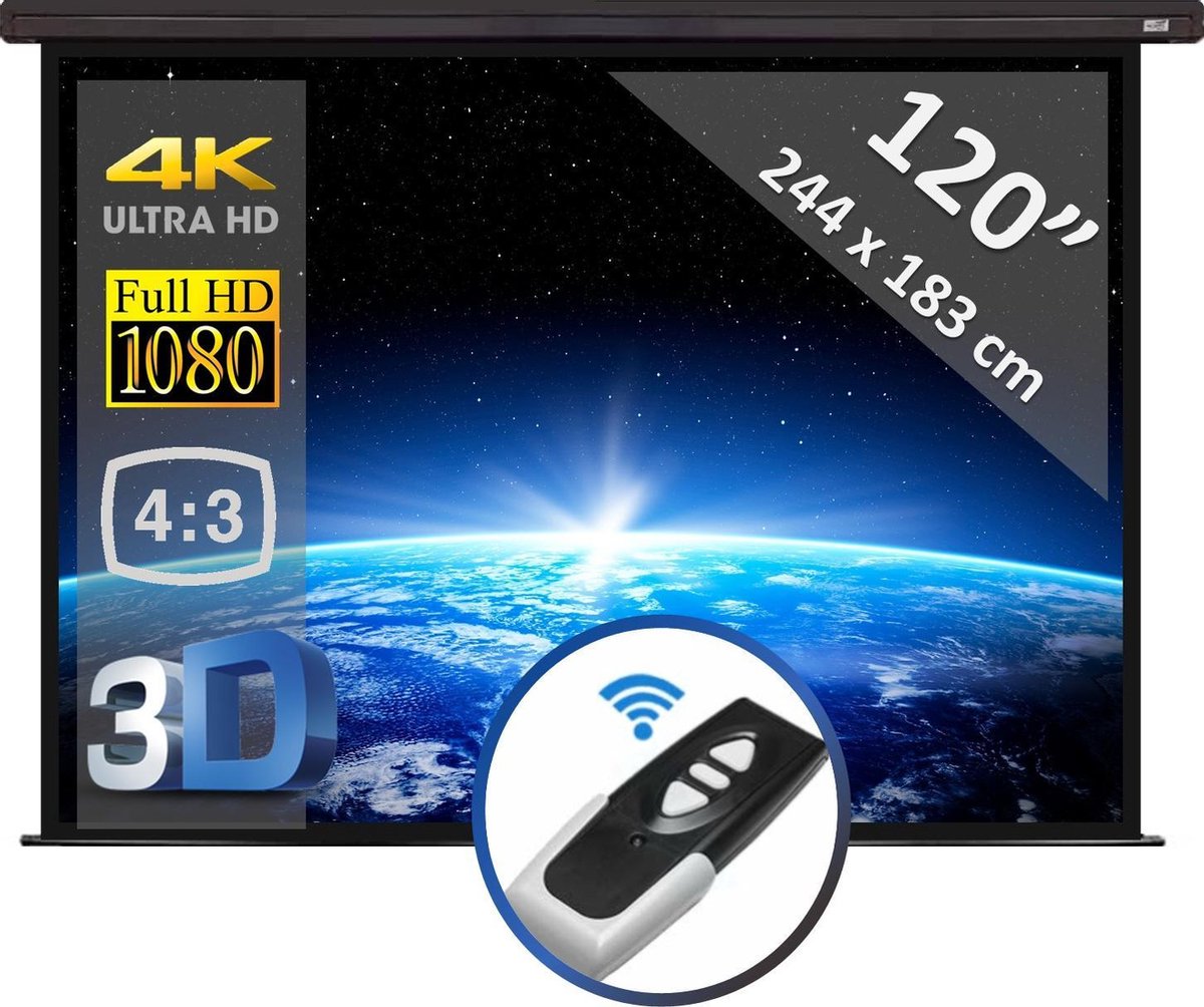 Elektrisch projectiescherm met afstandsbediening - 120" (3m05) - 244 x 183 cm - 4:3 - beamer scherm - ZWARTE behuizing