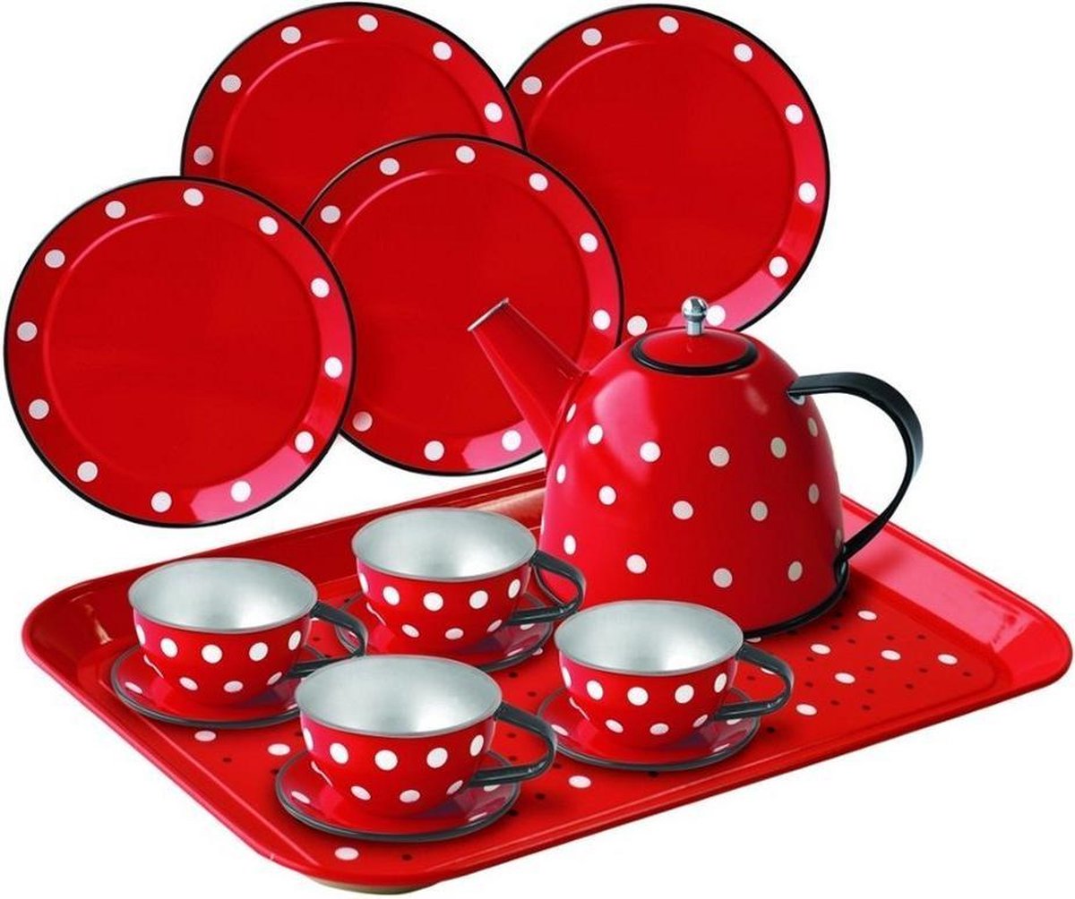 Simply for Kids | Tinnen picknick- & theeset in koffer - Rood met witte stippen (15-delig)