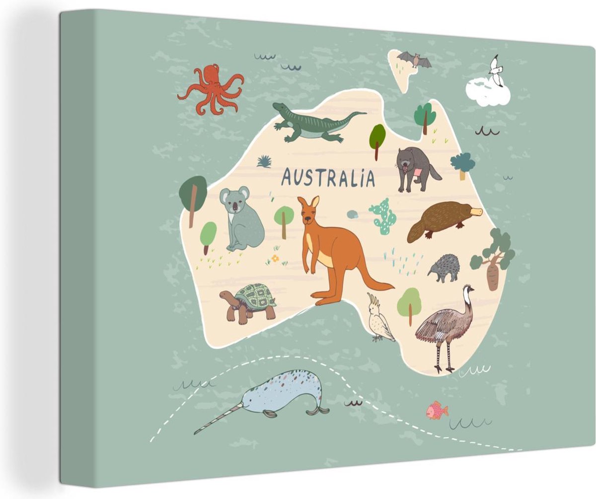 Dieren - Australië - Wereldkaart kinderen - 140x90 cm - Canvas