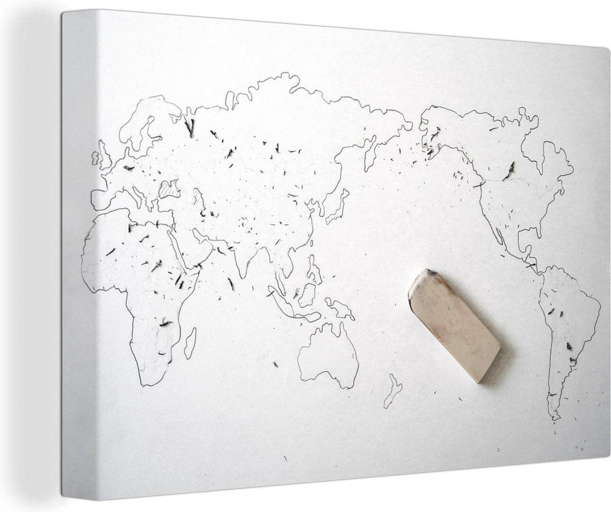 Canvas Handgetekende wereldkaart met gum - 140x90 cm - Wanddecoratie