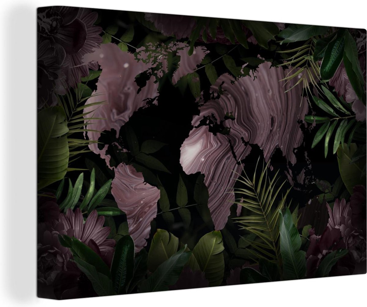 Canvas Schilderijen - Wereldkaart - Paars - Bladeren - 60x40 cm - Wanddecoratie