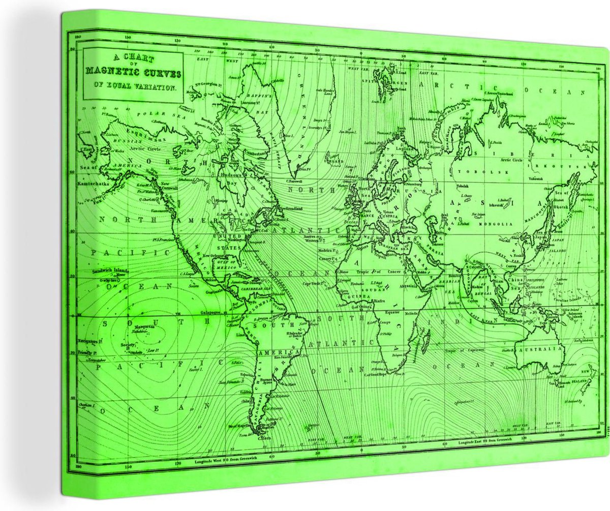 Canvas Schilderijen - Wereldkaart - Groen - Vintage - 150x100 cm - Wanddecoratie