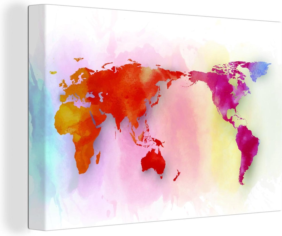Canvas Schilderijen - Wereldkaart - Waterverf - Regenboog - 90x60 cm - Wanddecoratie