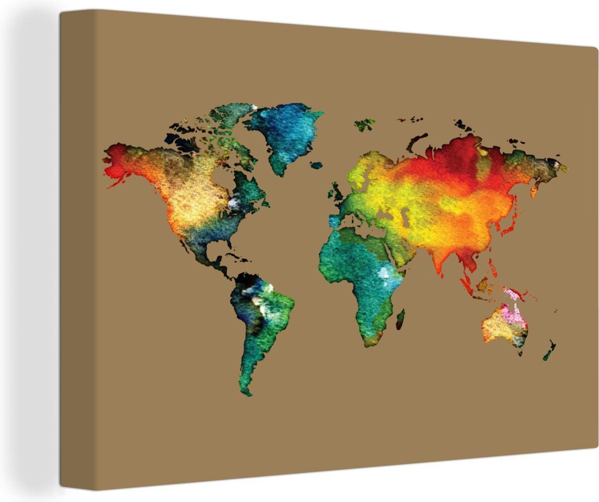 Canvas Schilderijen - Wereldkaart - Waterverf - Regenboog - 90x60 cm - Wanddecoratie