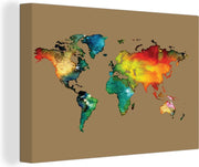 Canvas Schilderijen - Wereldkaart - Waterverf - Regenboog - 90x60 cm - Wanddecoratie