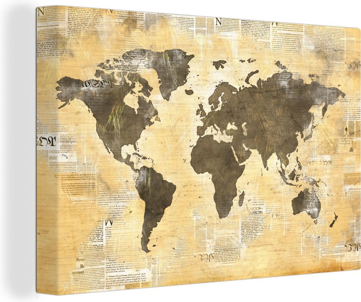 Canvas Schilderijen - Wereldkaart - Krant - Gouden - 30x20 cm - Wanddecoratie