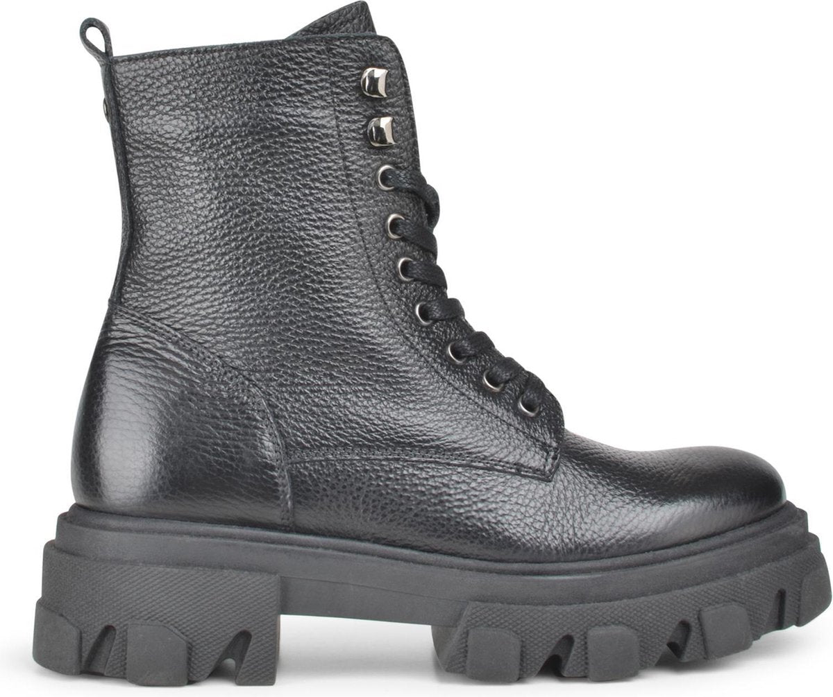 PS Poelman Dames - WAKE Tumbled Leren Veter Laarzen met Chunky Zool en Ritssluiting - Zwart - Maat 38