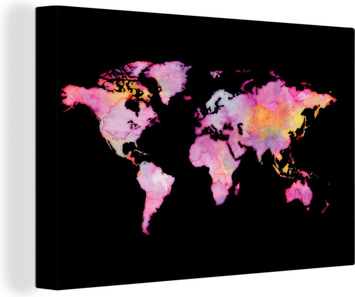 Canvas Schilderijen - Wereldkaart - Waterverf - Roze - 180x120 cm - Wanddecoratie XXL
