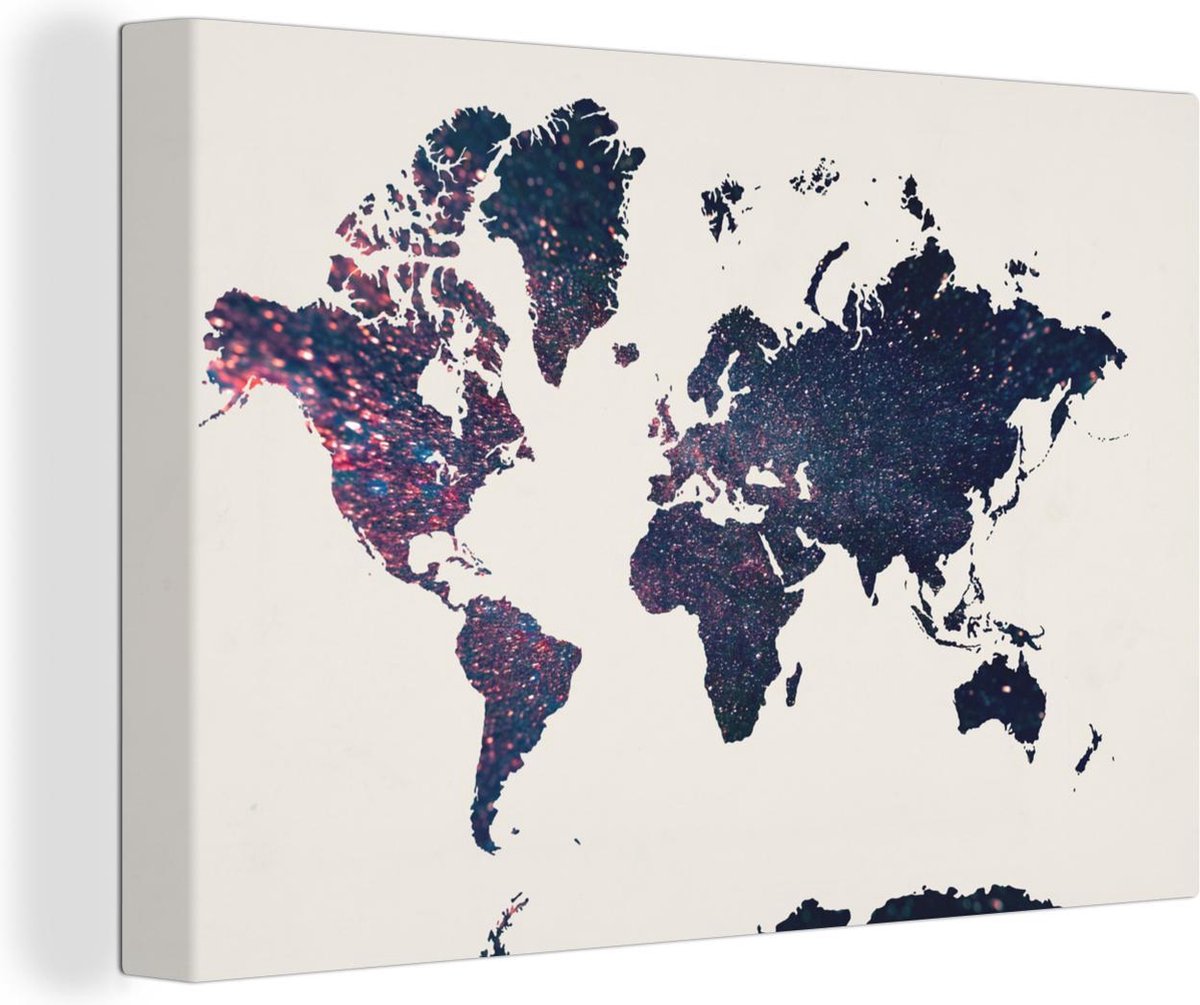 Canvas Schilderijen - Wereldkaart - Blauw - Glitter - 150x100 cm - Wanddecoratie