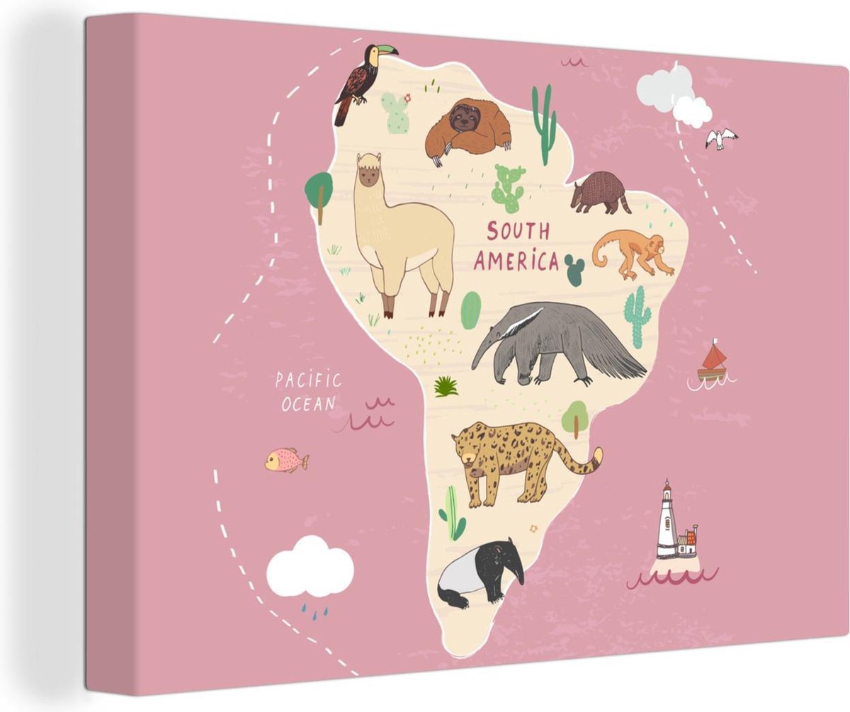 Wereldkaart Muur - Roze - Wereldkaart kinderen - Dieren - 150x100 cm - Canvas