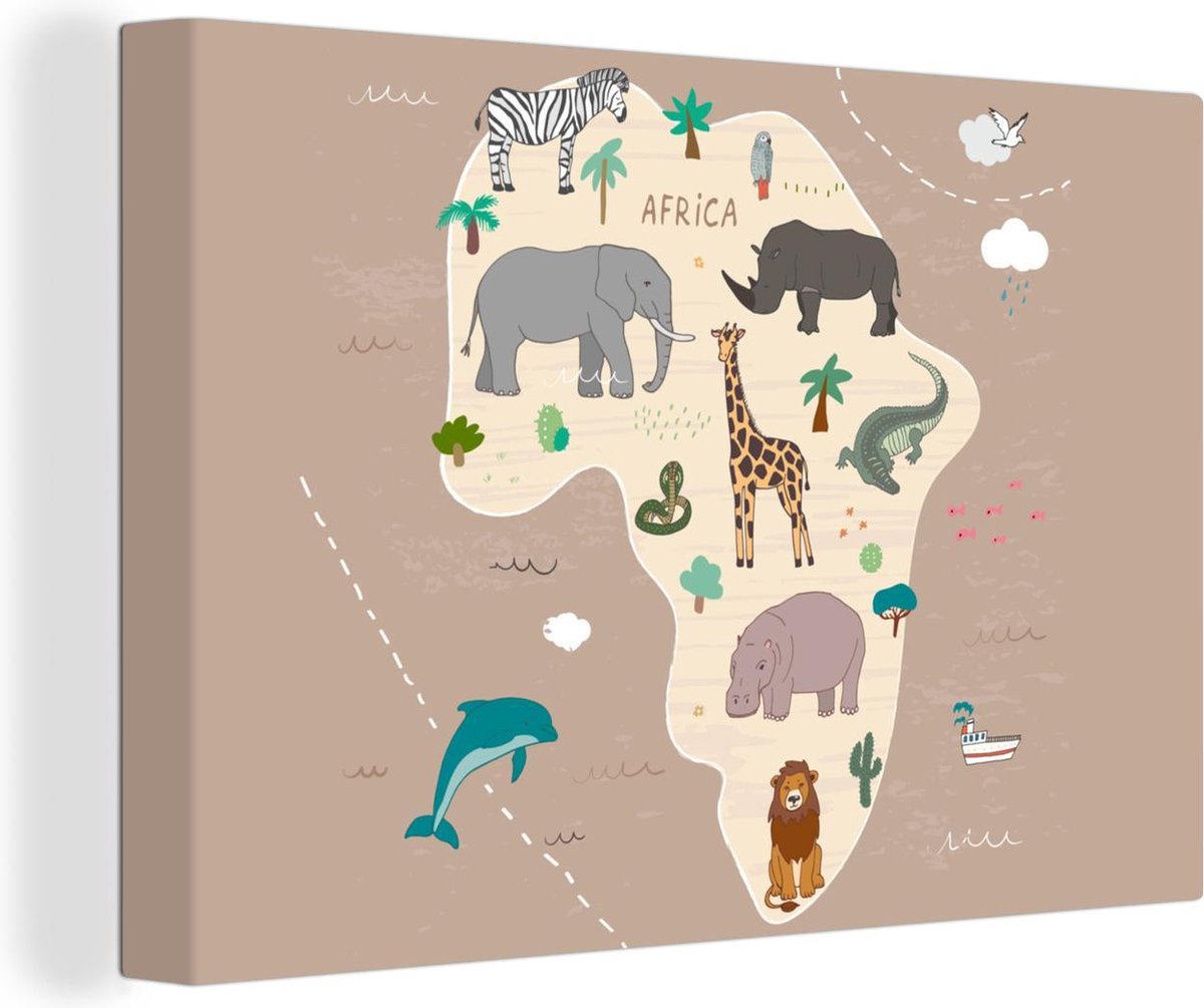 Wereldkaart Muur - Wereldkaart kinderen - Afrika - Dieren - 150x100 cm - Canvas