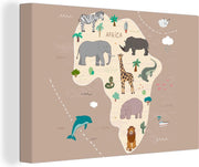 Wereldkaart Muur - Wereldkaart kinderen - Afrika - Dieren - 150x100 cm - Canvas