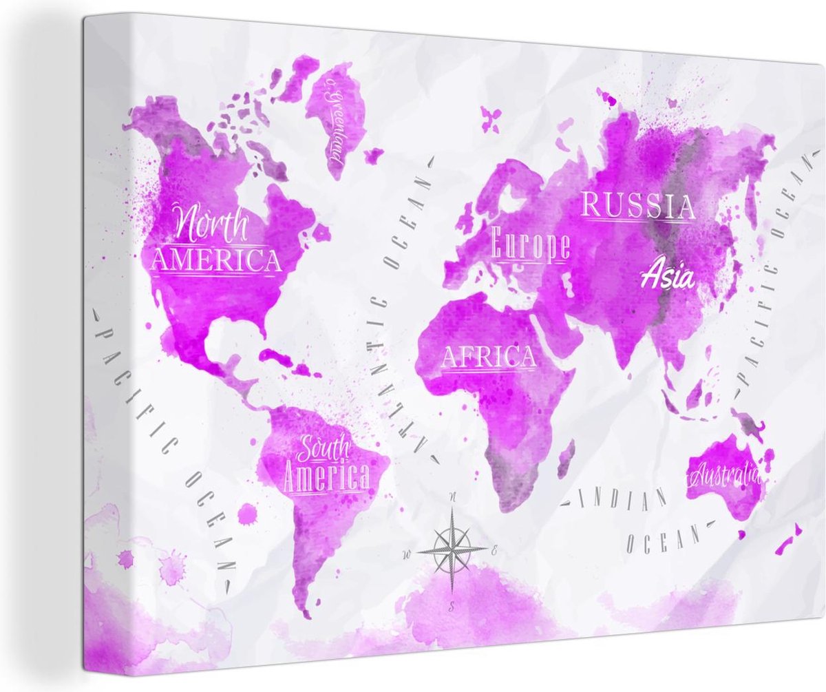 Canvas Schilderijen - Wereldkaart - Roze - Olieverf - 180x120 cm - Wanddecoratie XXL