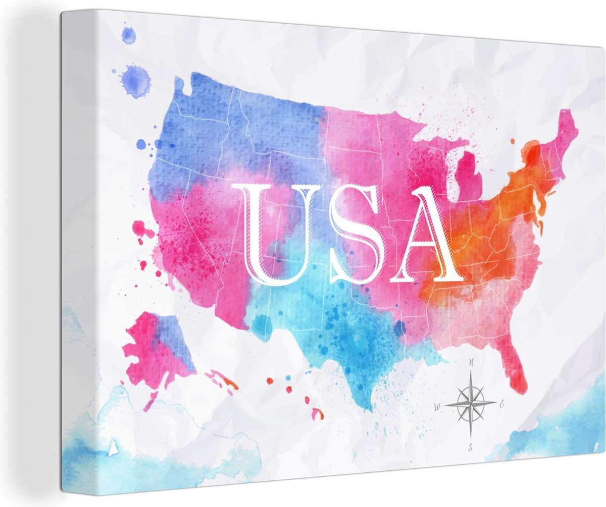 Canvas Schilderijen - Amerika - Wereldkaart - Waterverf - 30x20 cm - Wanddecoratie