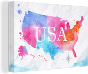 Canvas Schilderijen - Amerika - Wereldkaart - Waterverf - 30x20 cm - Wanddecoratie