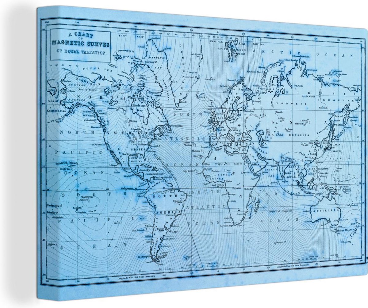 Canvas Schilderijen - Wereldkaart - Blauw - Lijnen - 150x100 cm - Wanddecoratie