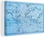 Canvas Schilderijen - Wereldkaart - Blauw - Lijnen - 150x100 cm - Wanddecoratie