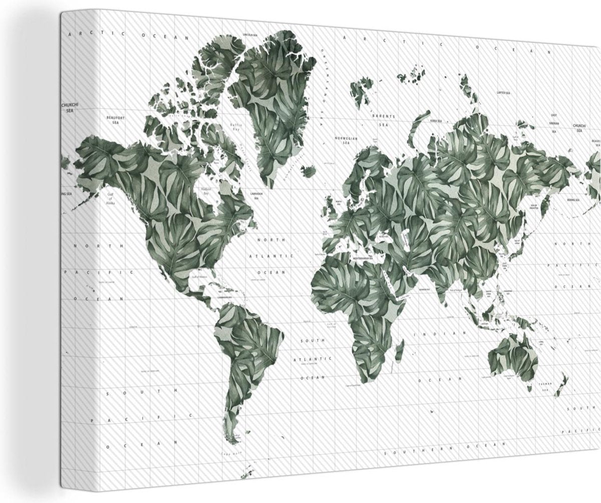 Canvas Schilderijen - Wereldkaart - Bladeren - Tropisch - 30x20 cm - Wanddecoratie