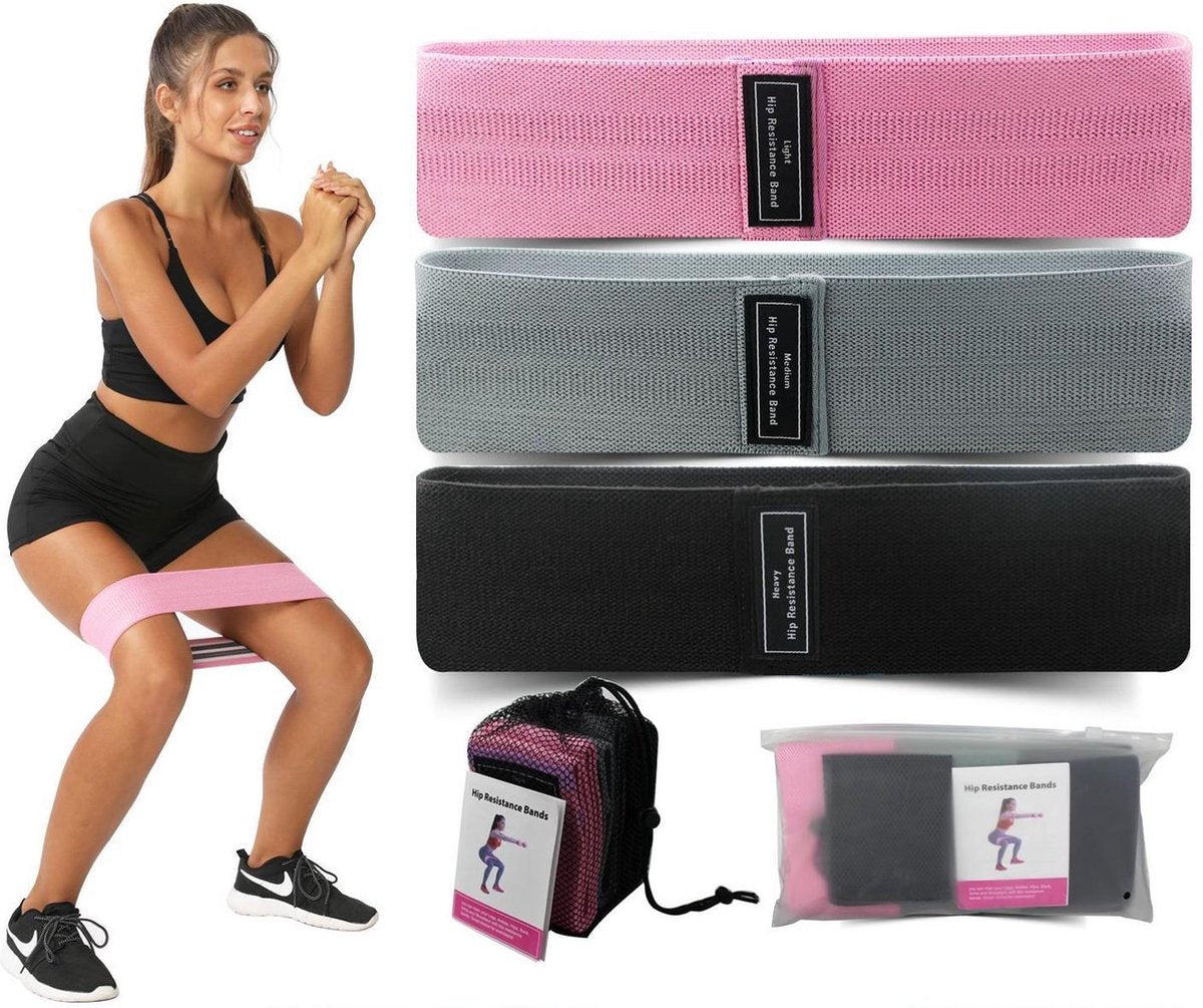 Nixnix - Weerstandsbanden set - 3 stuks- Resistance band fitness - 3 verschillende weerstandsniveaus - Booty band set - Grijs Roze Zwart