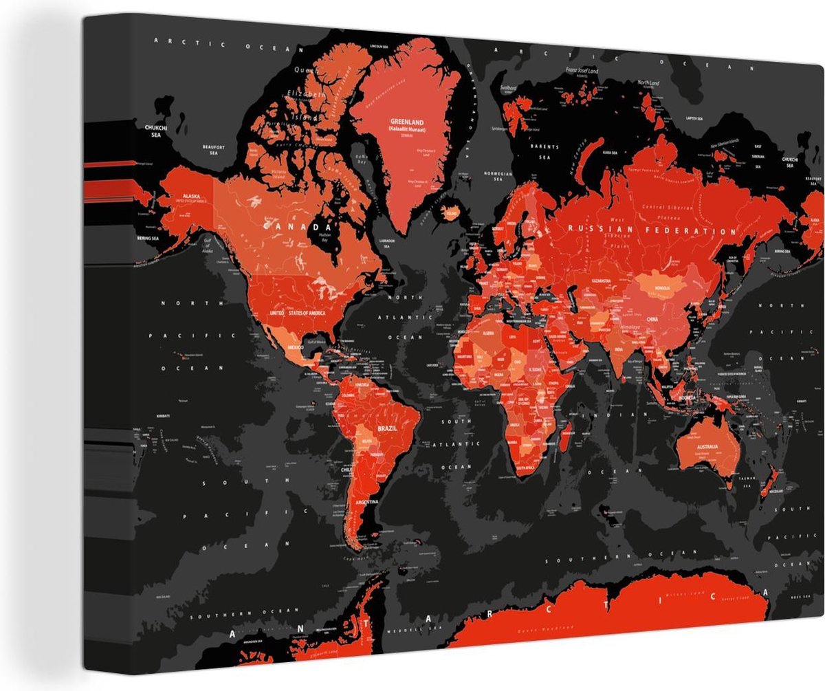 Canvas Wereldkaart - Rood - Zwart - 180x120 cm - Wanddecoratie