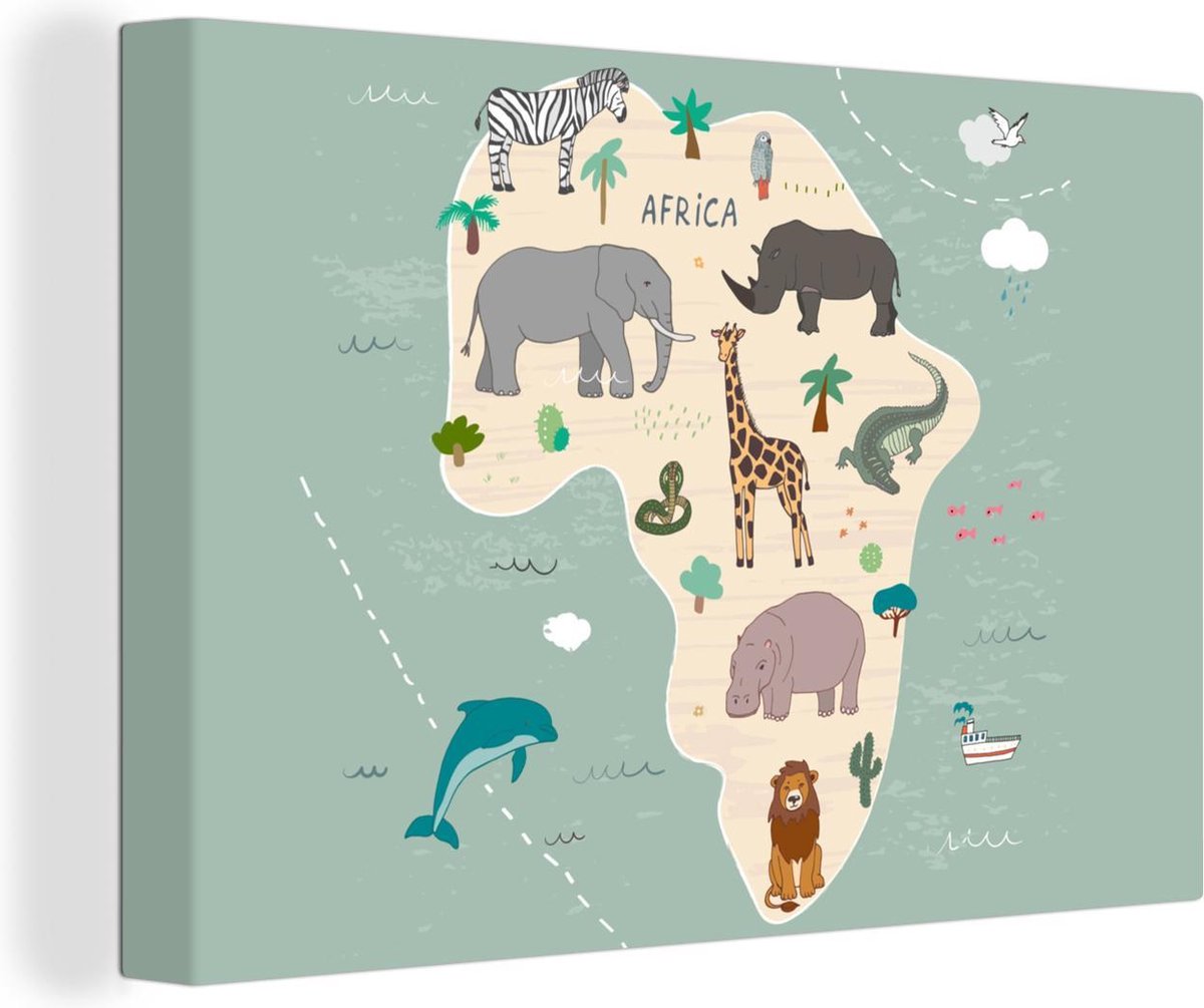 Wereldkaarten - Wereldkaart kinderen - Dieren - Afrika - 90x60 cm - Canvas