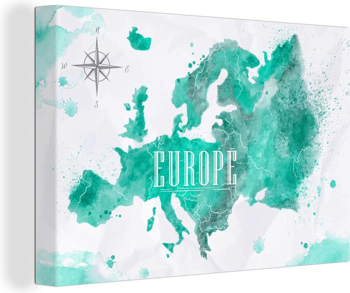 Canvas Schilderijen - Waterverf - Wereldkaart - Europa - 140x90 cm - Wanddecoratie