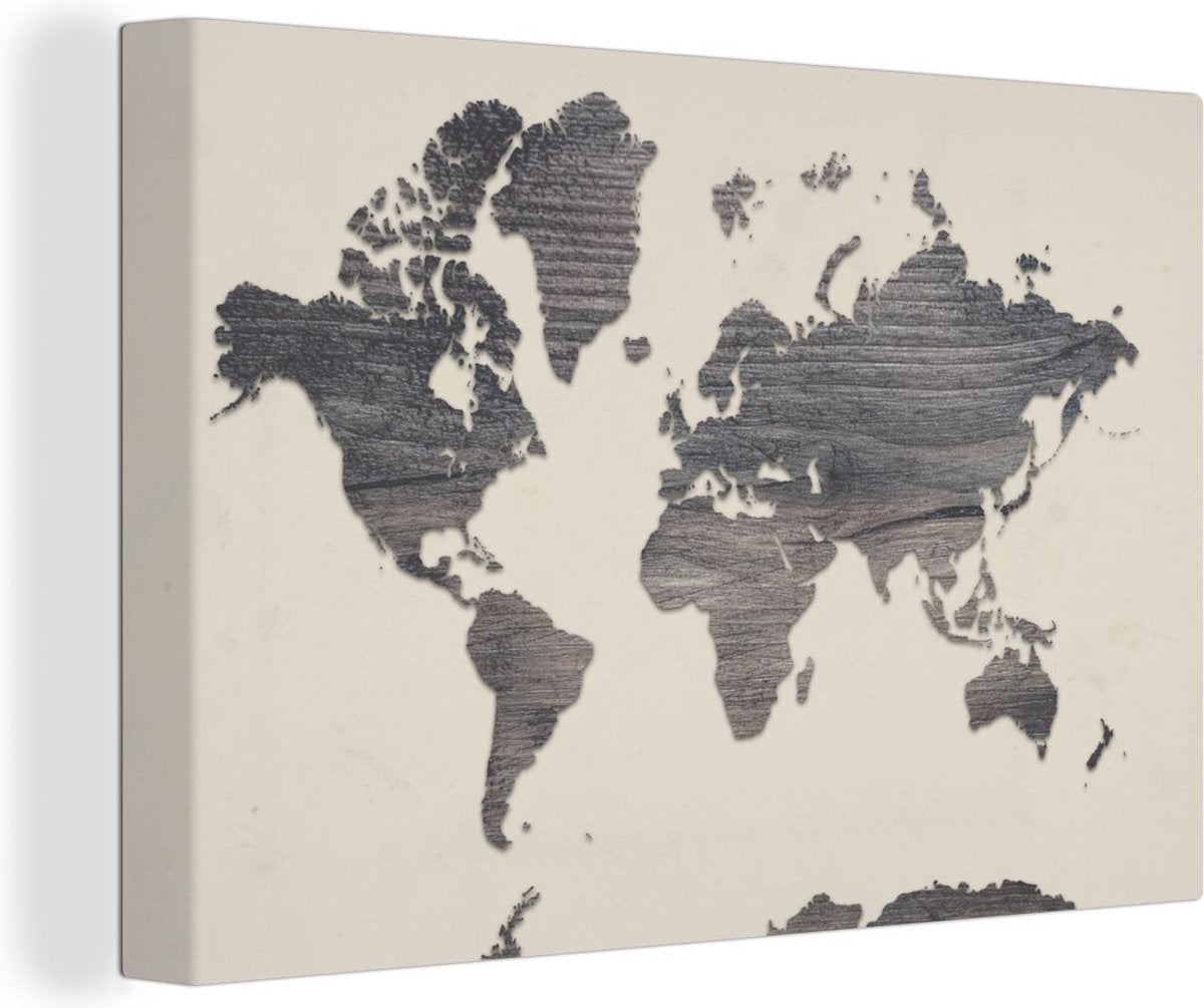 Canvas Schilderijen - Wereldkaart - Grijs - Hout - 90x60 cm - Wanddecoratie