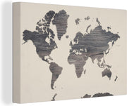 Canvas Schilderijen - Wereldkaart - Grijs - Hout - 90x60 cm - Wanddecoratie