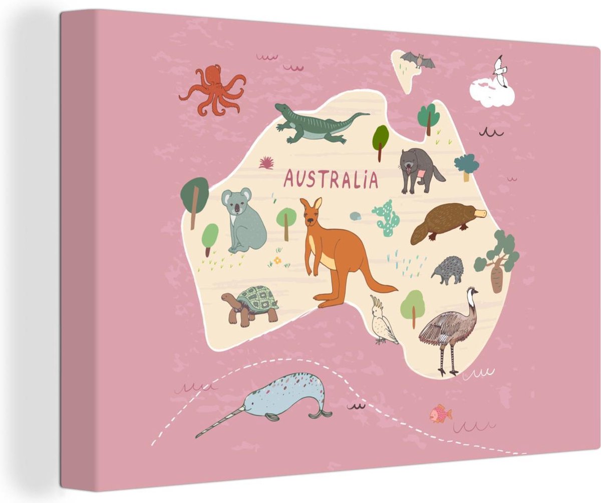 Australië - Wereldkaart kinderen - Dieren - 120x80 cm - Canvas