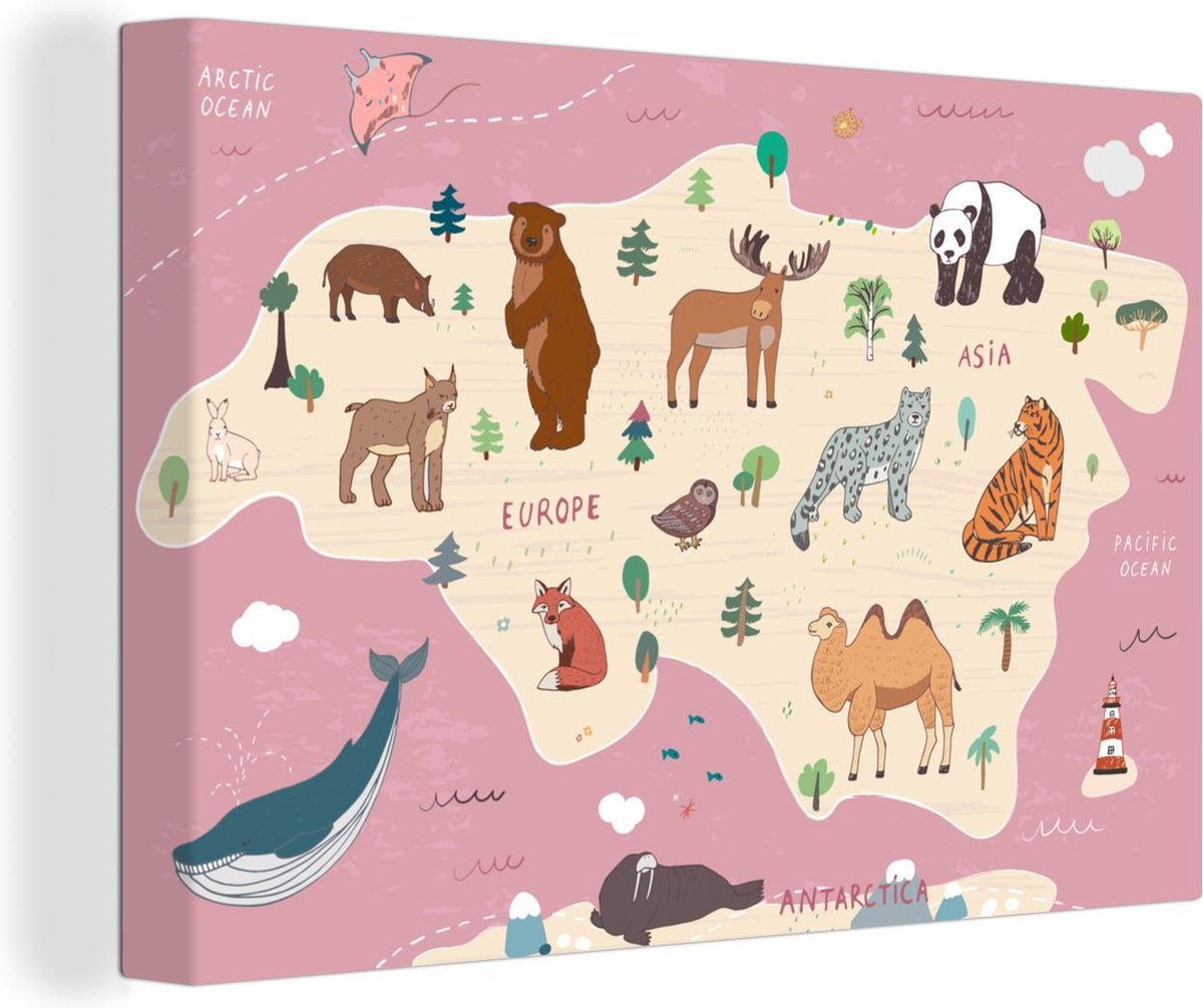 Wereldkaarten - Wereldkaart kinderen - Roze - Dieren - 90x60 cm - Canvas