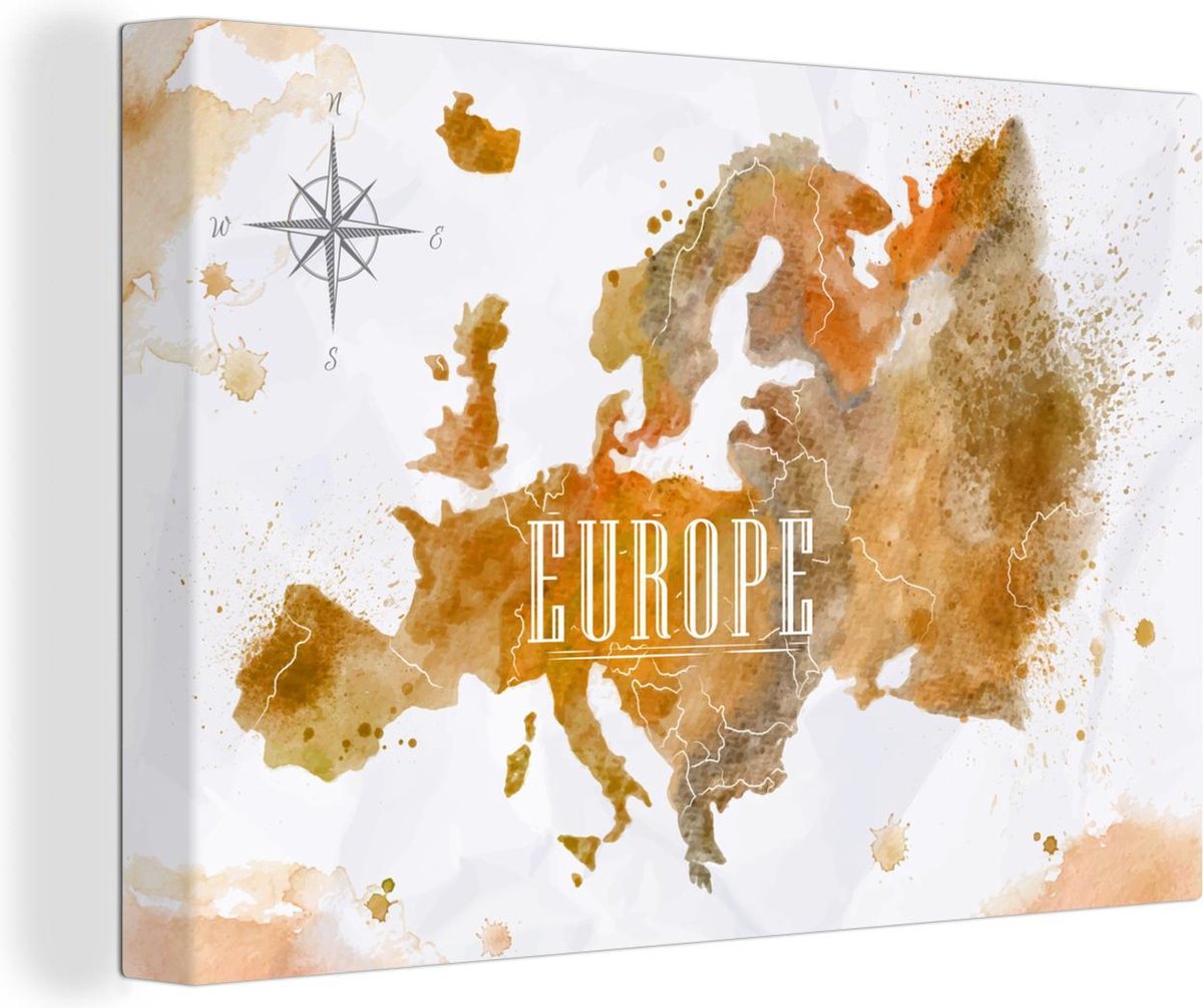 Canvas Schilderijen - Europa - Verf - Wereldkaart - 30x20 cm - Wanddecoratie