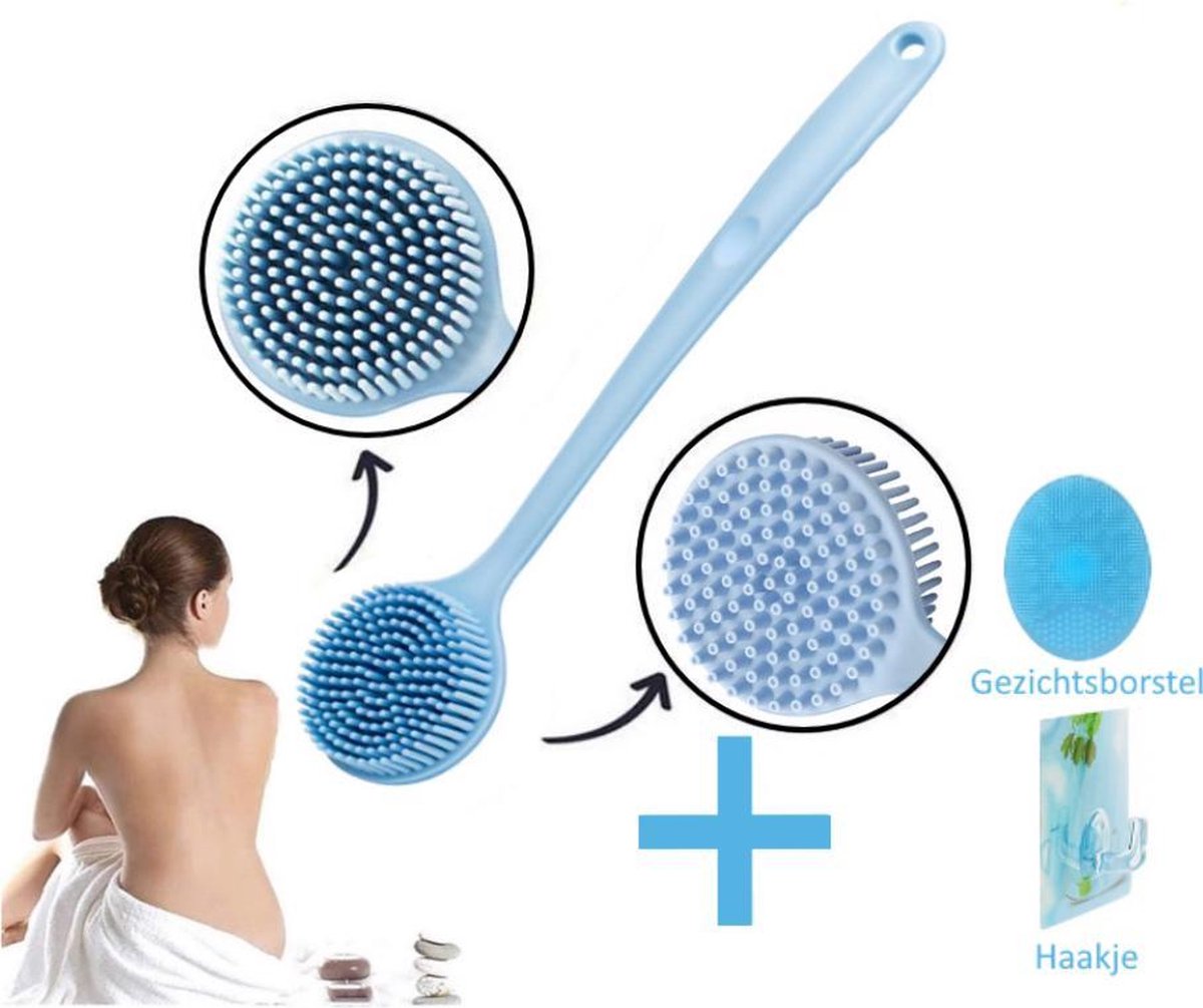 Blubs® – Badborstel – Dry brush – Rug Scrubber – Lichaamsborstel – Rugborstel douche met steel – Huidborstel – Rugborstel kunststof – Badborstel met steel – Doucheborstel met steel – Siliconen borstel – Droogborstel – Massage – Blauw